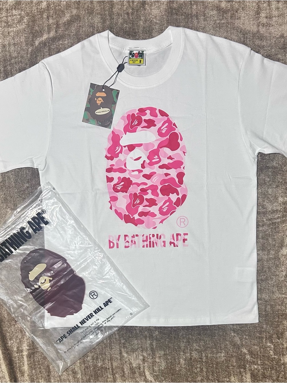 Bape White Tee with Pink Camo Ape Head Graphic